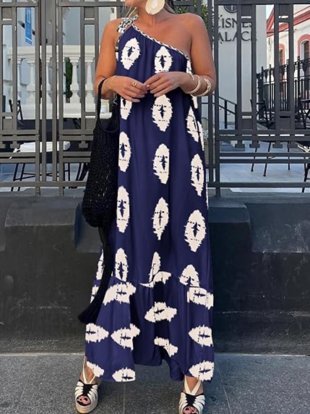PRETTYGARDEN Navy White One Shoulder Boho Maxi Dress Small